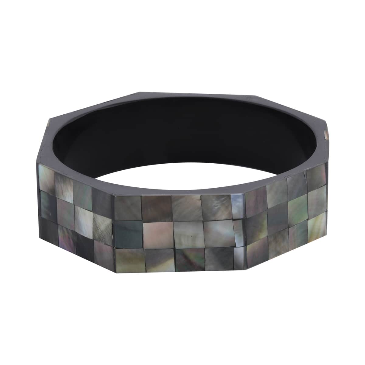 Octagon Black Mother of Pearl Inlay Bangle Bracelet With Black Inner Resin (7.50 In) image number 3