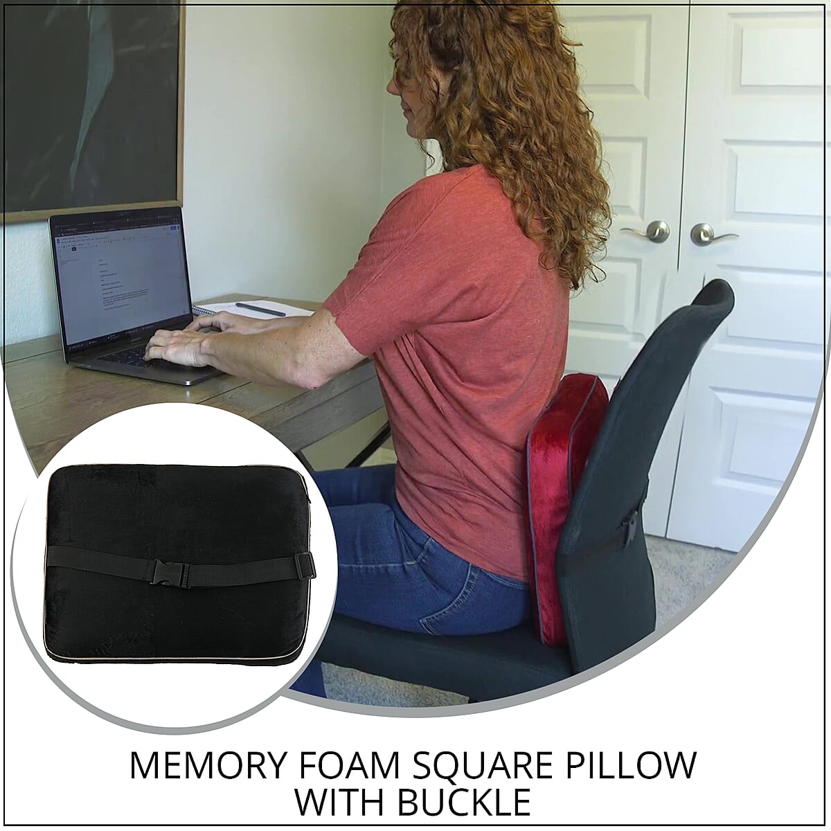 Bon Voyage Memory Foam Square Pillow with Buckle - Black, Square Cushion Insert for Chair Car Sofa Bed, Backrest Cushion, Lower Back Support And Pain Relief Seat Cushion image number 1