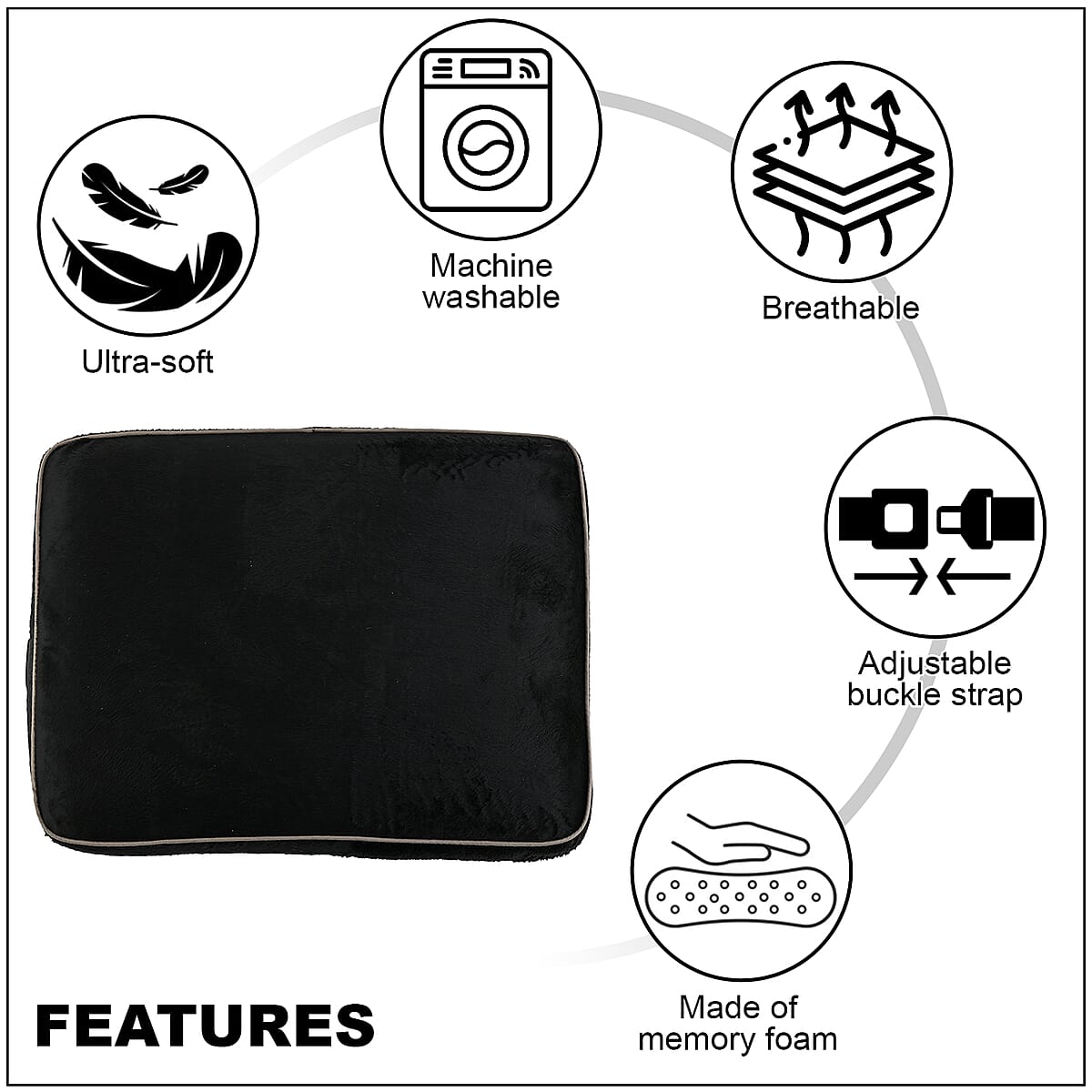 Bon Voyage Memory Foam Square Pillow with Buckle - Black, Square Cushion Insert for Chair Car Sofa Bed, Backrest Cushion, Lower Back Support And Pain Relief Seat Cushion image number 2