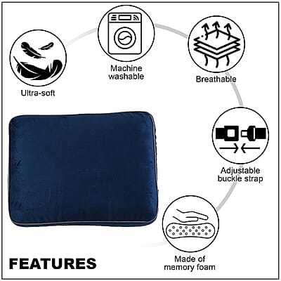 Bon Voyage Memory Foam Square Pillow with Buckle - Navy, Square Cushion Insert for Chair Car Sofa Bed, Backrest Cushion, Lower Back Support And Pain Relief Seat Cushion