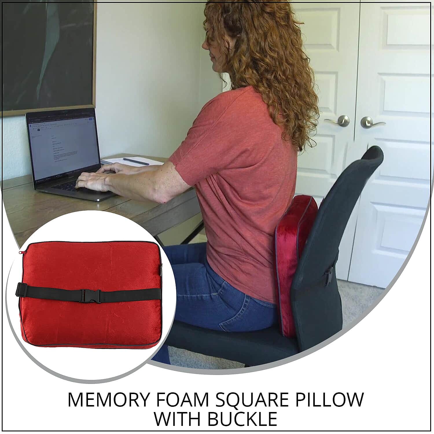 Bon Voyage Memory Foam Square Pillow with Buckle - Red, Square Cushion Insert for Chair Car Sofa Bed, Backrest Cushion, Lower Back Support And Pain Relief Seat Cushion