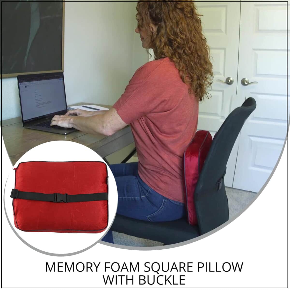 Bon Voyage Memory Foam Square Pillow with Buckle - Red, Square Cushion Insert for Chair Car Sofa Bed, Backrest Cushion, Lower Back Support And Pain Relief Seat Cushion image number 2