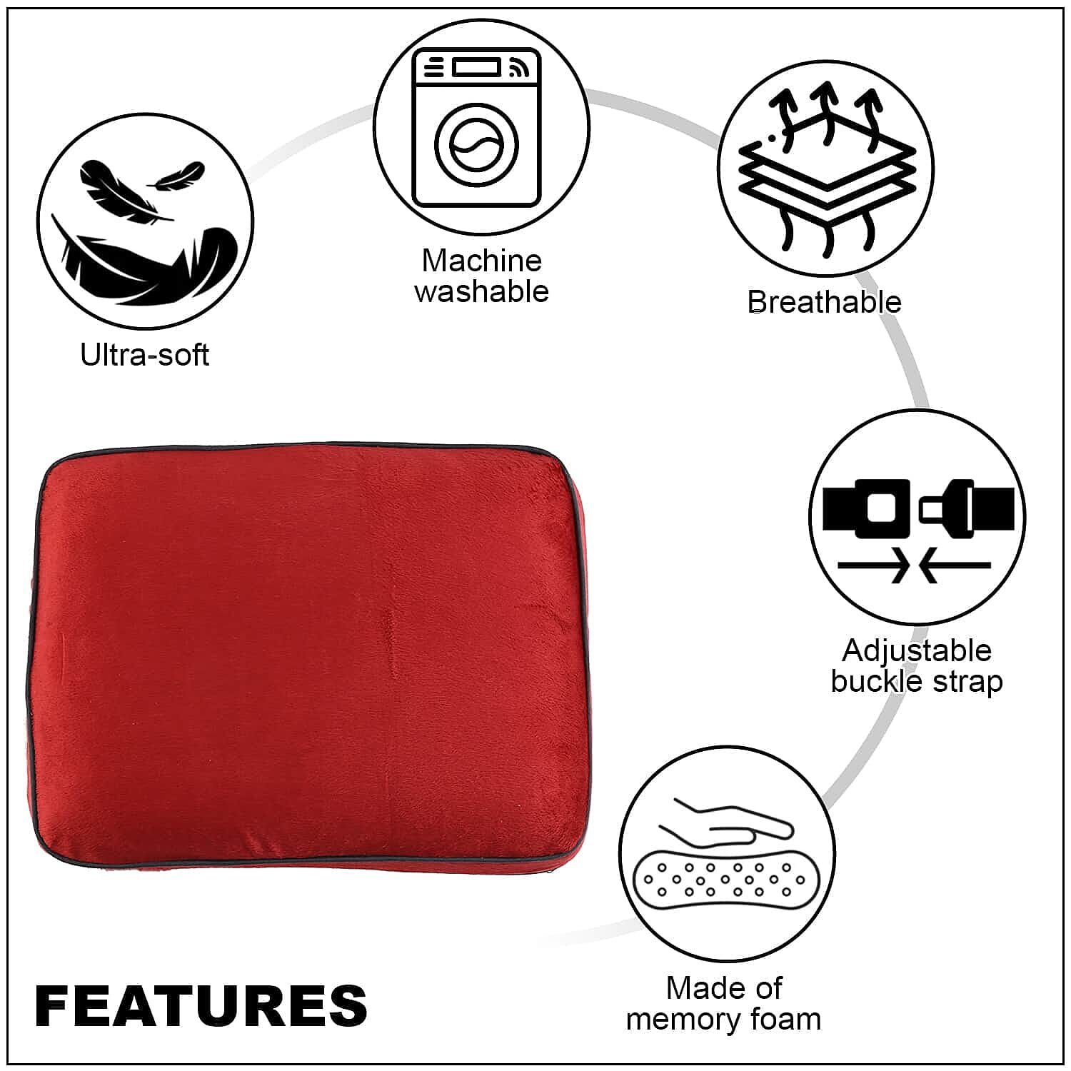 Bon Voyage Memory Foam Square Pillow with Buckle - Red, Square Cushion Insert for Chair Car Sofa Bed, Backrest Cushion, Lower Back Support And Pain Relief Seat Cushion