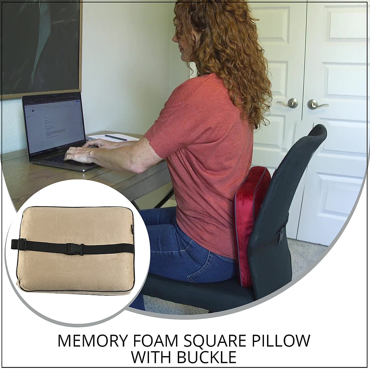 Closeout Bon Voyage Memory Foam Square Pillow with Buckle - Tan, Square Cushion Insert for Chair Car Sofa Bed, Backrest Cushion, Lower Back Support And Pain Relief Seat Cushion image number 1