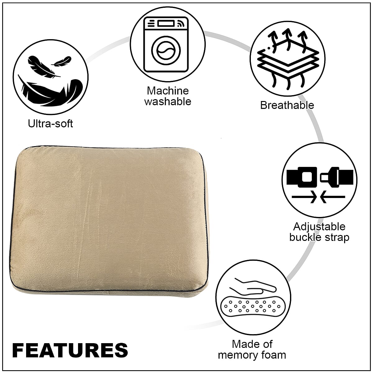 Closeout Bon Voyage Memory Foam Square Pillow with Buckle - Tan, Square Cushion Insert for Chair Car Sofa Bed, Backrest Cushion, Lower Back Support And Pain Relief Seat Cushion image number 2