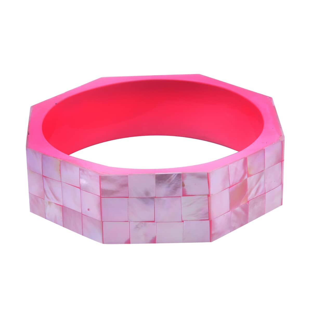 Octagon Pink Mother of Pearl Inlay Bangle Bracelet With Pink Inner Resin (8.0 In) image number 0