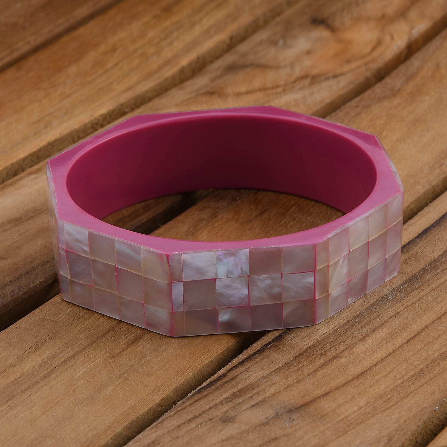 Octagon Pink Mother of Pearl Inlay Bangle Bracelet With Pink Inner Resin (8.0 In)