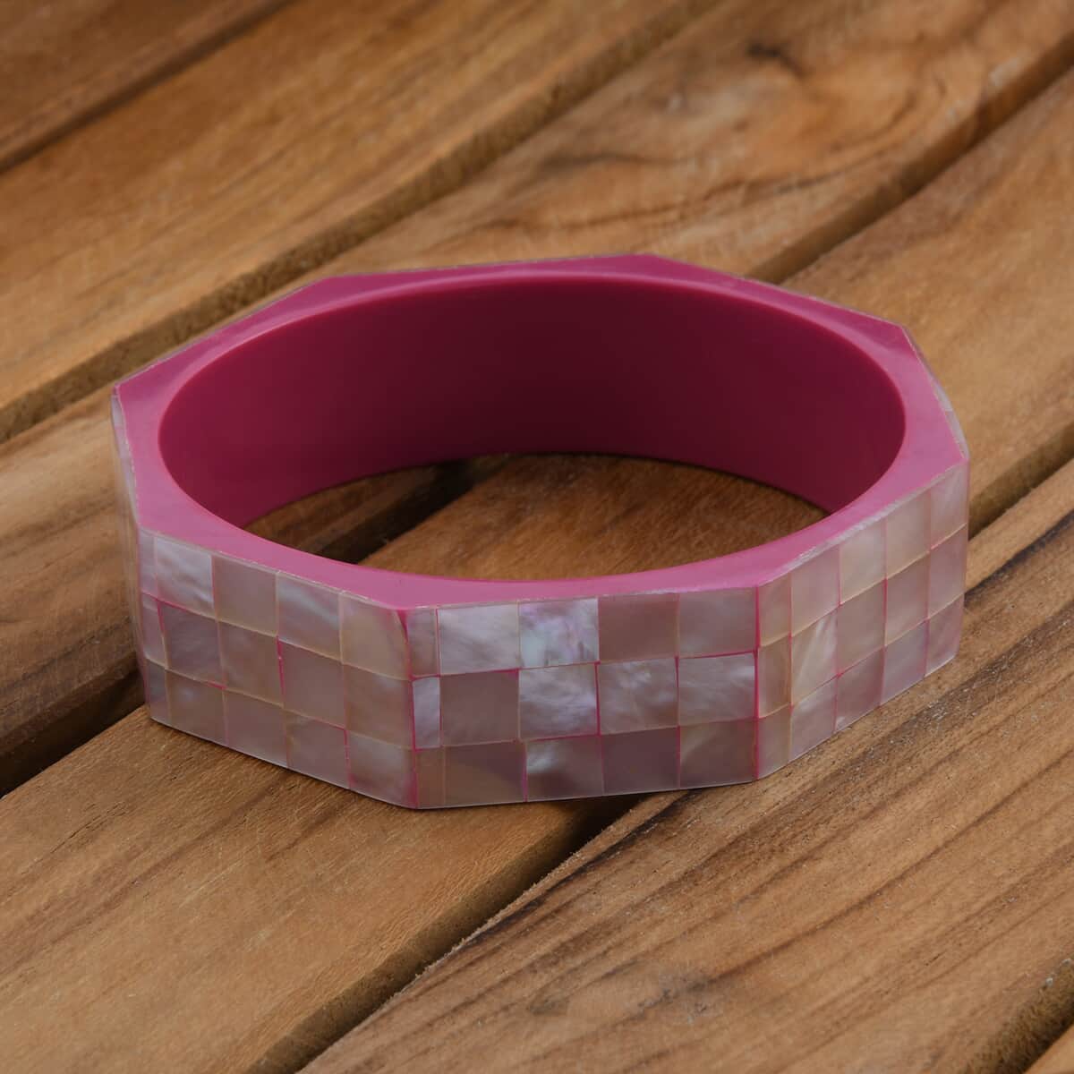 Octagon Pink Mother of Pearl Inlay Bangle Bracelet With Pink Inner Resin (8.0 In) image number 1