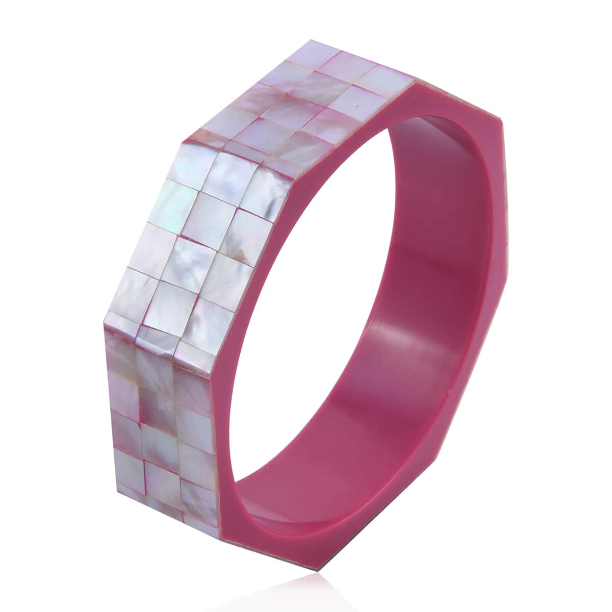Octagon Pink Mother of Pearl Inlay Bangle Bracelet With Pink Inner Resin (8.0 In) image number 3
