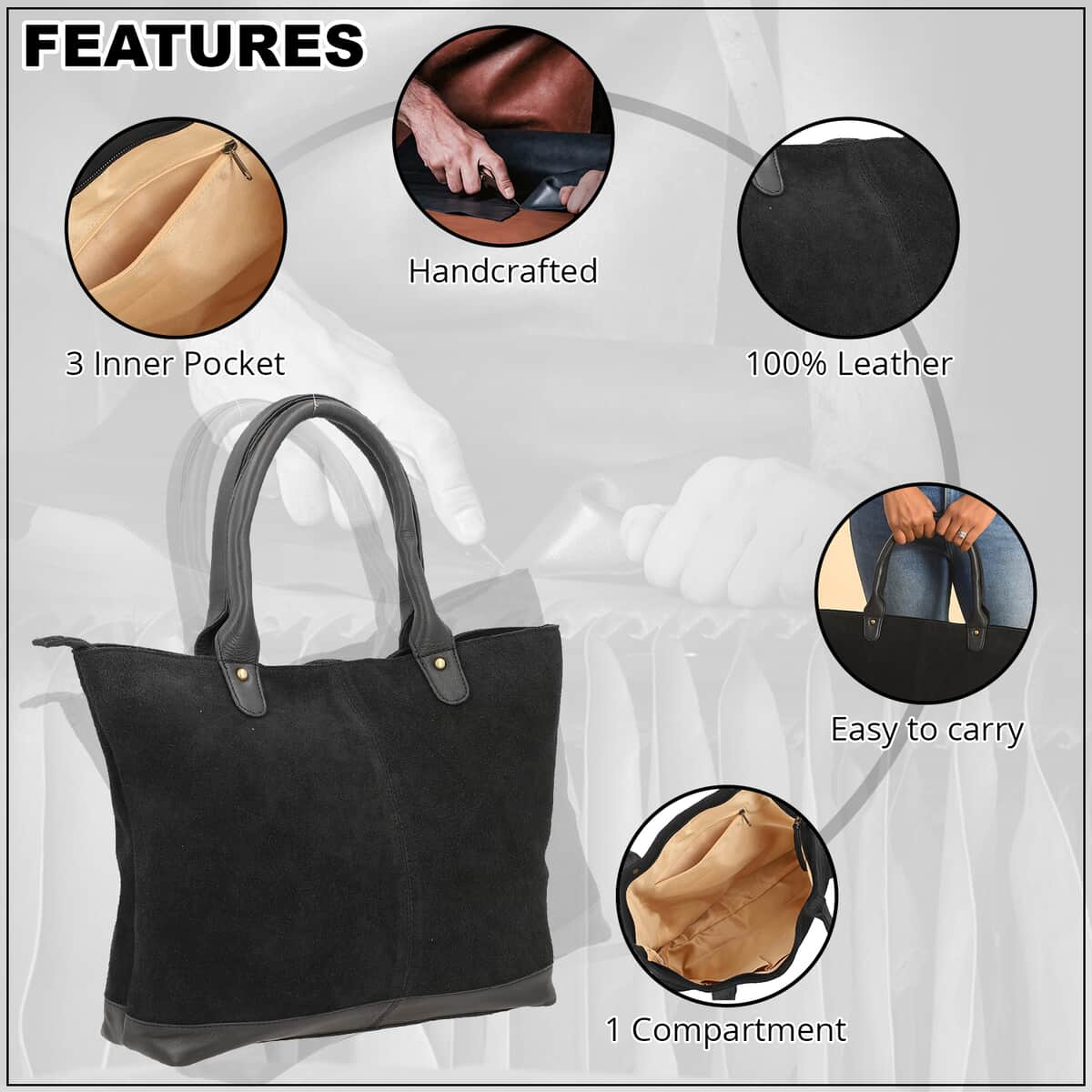 Black Genuine Leather Shoulder Bag (16.53x3.54x11.81) with Adjustable Shoulder Strap image number 2