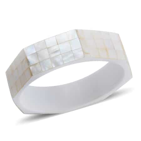 Octagon White Mother of Pearl Inlay Bangle Bracelet With White Inner Resin (8.0 In) image number 0