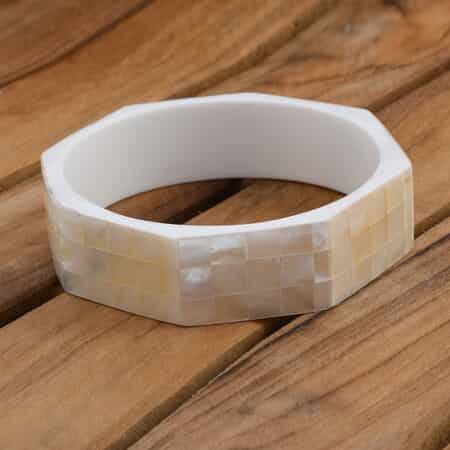 Octagon White Mother of Pearl Inlay Bangle Bracelet With White Inner Resin (8.0 In) image number 1