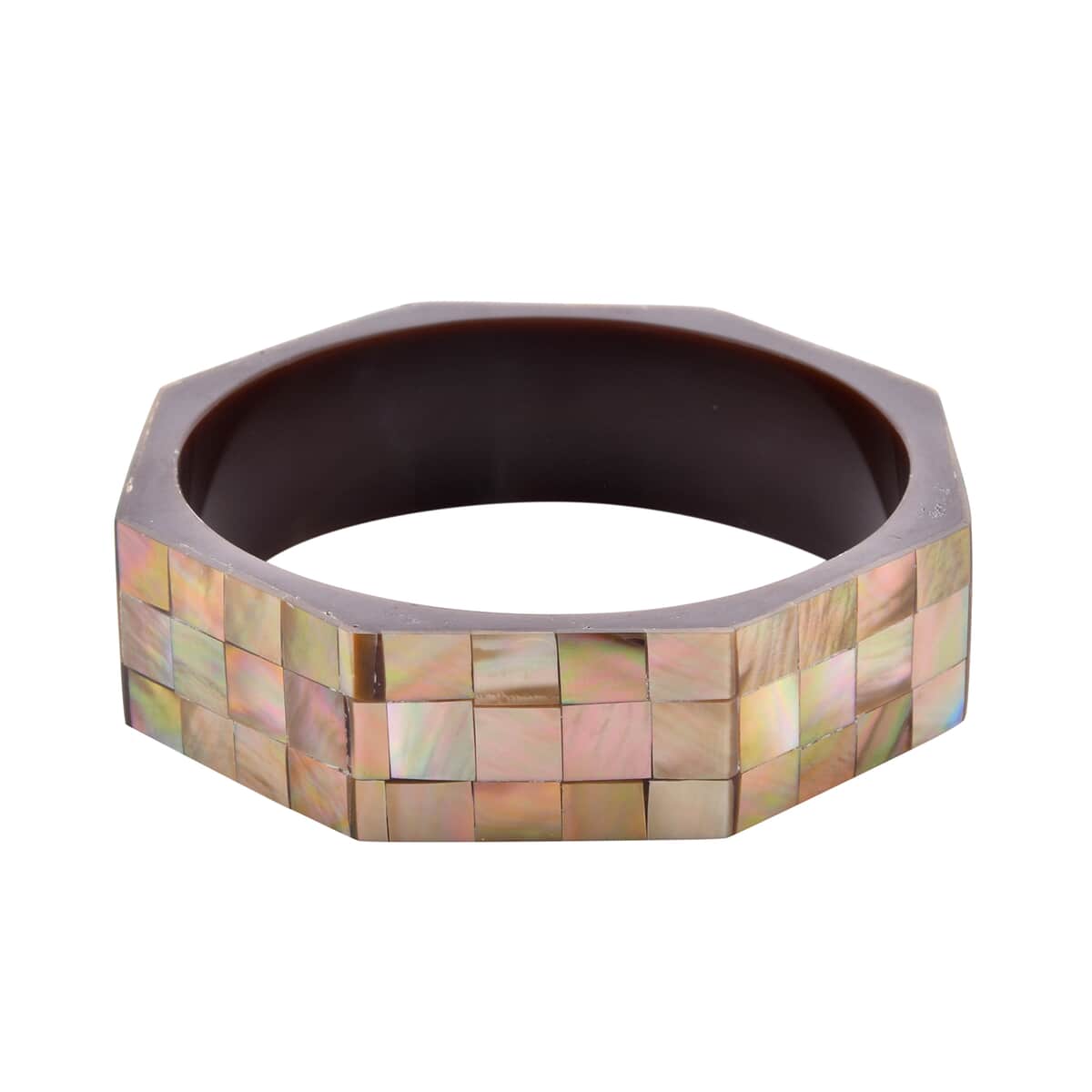 Octagon Golden Mother of Pearl Inlay Bangle Bracelet With Yellow Inner Resin (7.50 In) image number 0