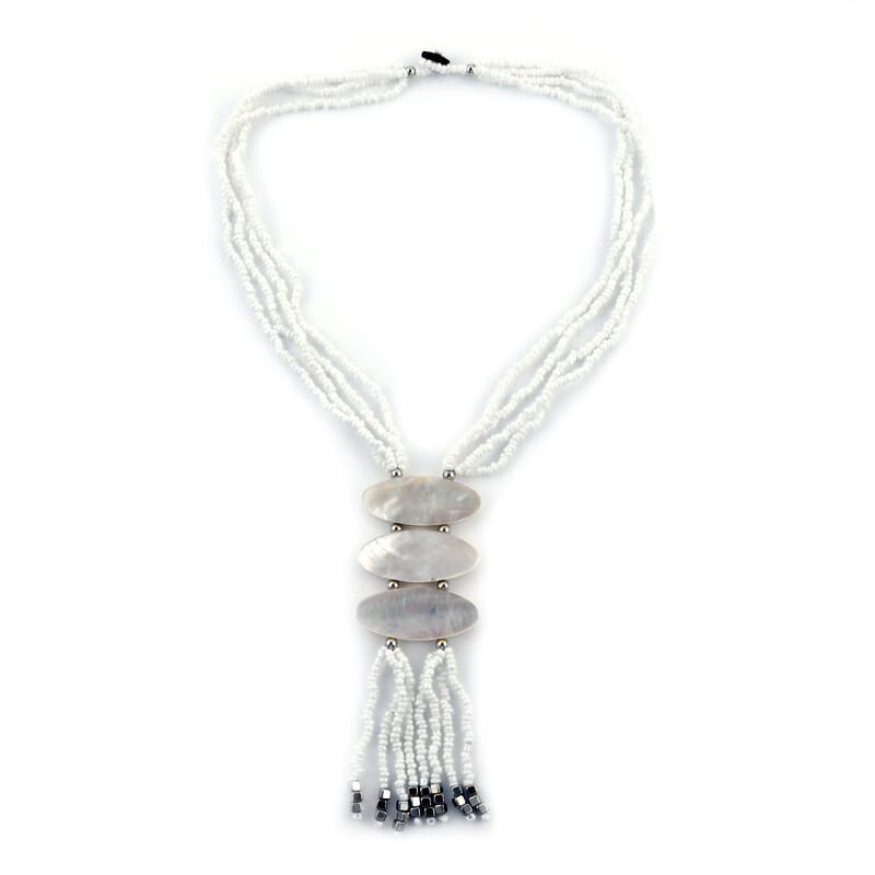 White Seed Beaded 3 Strand Tassel Necklace 22 Inches