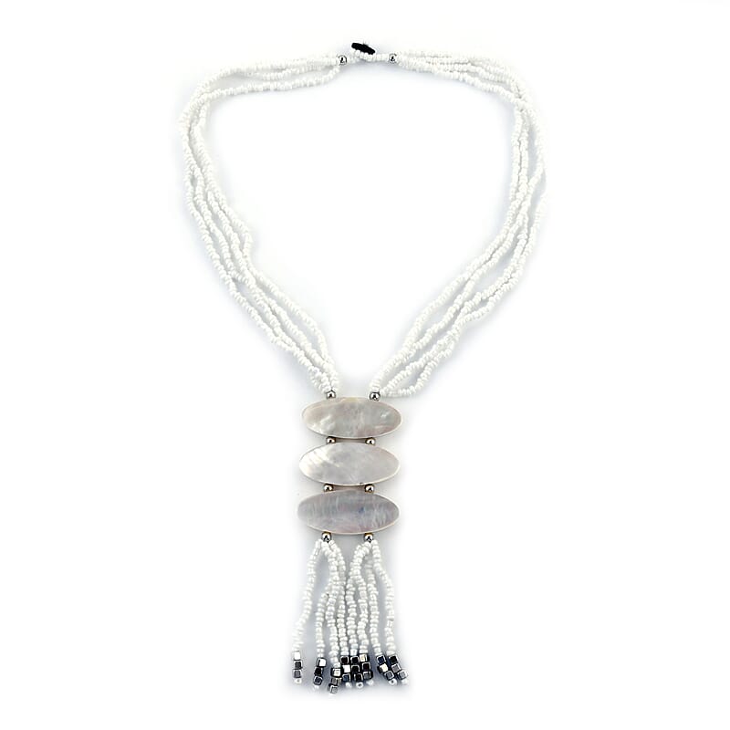 White Seed Beaded 3 Strand Tassel Necklace 22 Inches