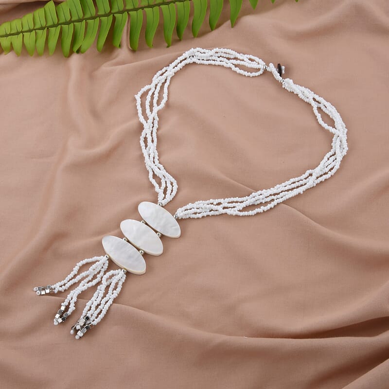 White Seed Beaded 3 Strand Tassel Necklace 22 Inches