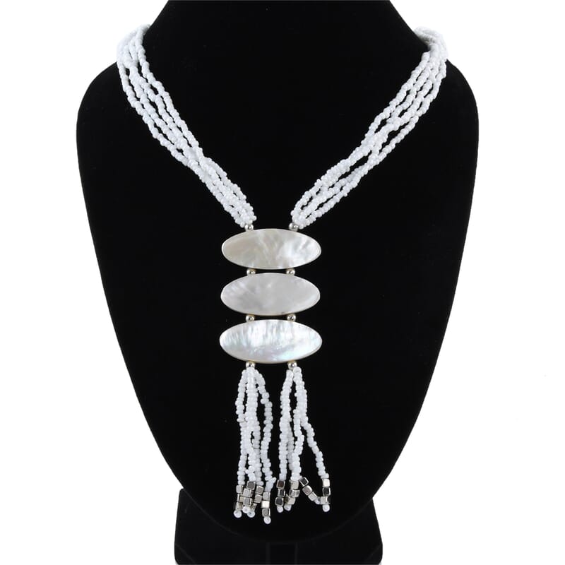 White Seed Beaded 3 Strand Tassel Necklace 22 Inches