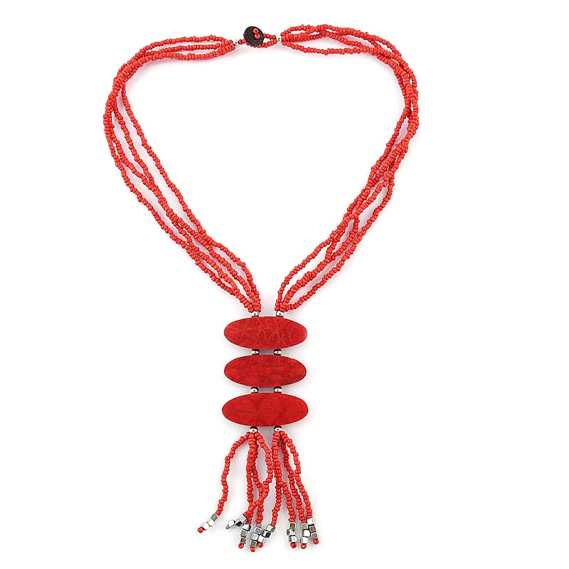 Red Seed Beaded 3 Strand Tassel Necklace (22 Inches)