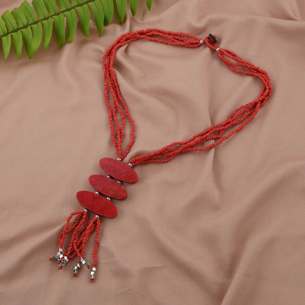 Red Seed Beaded 3 Strand Tassel Necklace (22 Inches) image number 1