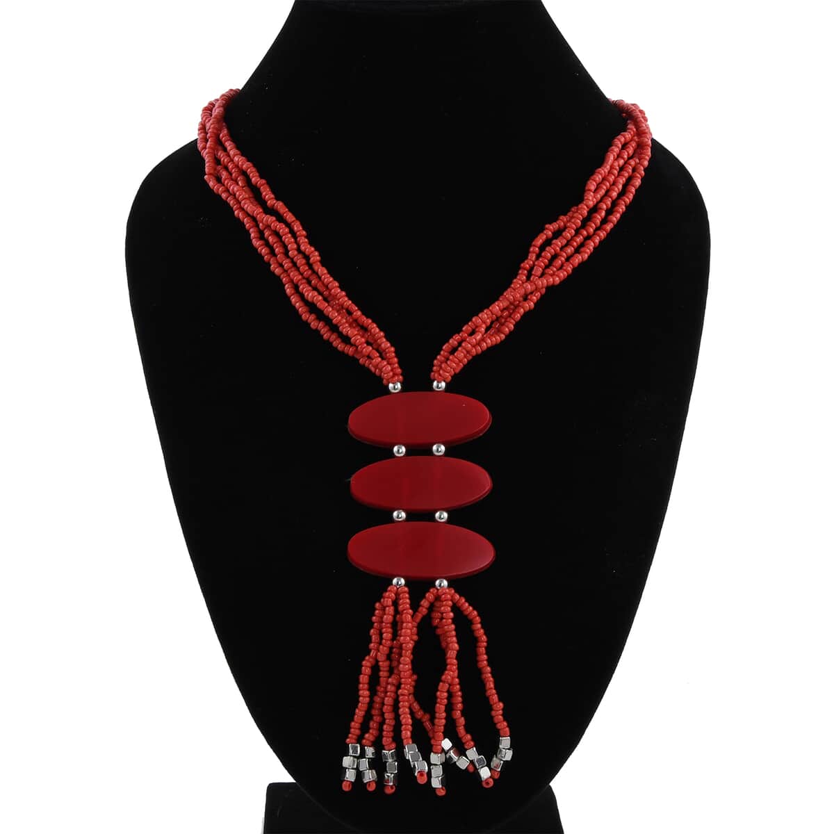 Red Seed Beaded 3 Strand Tassel Necklace (22 Inches) image number 2