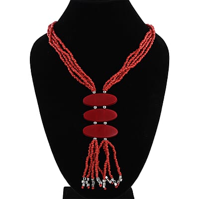 Red Seed Beaded 3 Strand Tassel Necklace (22 Inches)