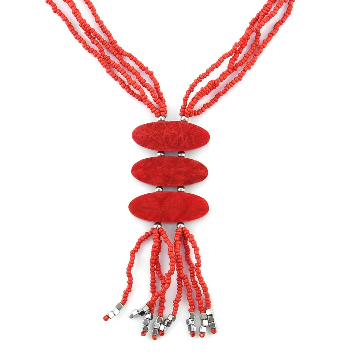 Red Seed Beaded 3 Strand Tassel Necklace (22 Inches) image number 3