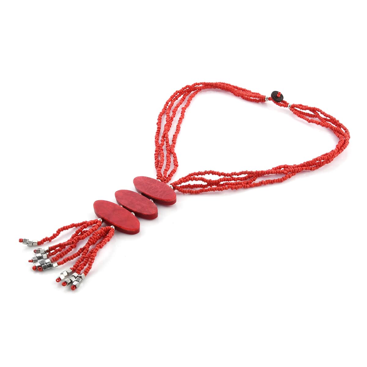 Red Seed Beaded 3 Strand Tassel Necklace (22 Inches) image number 4