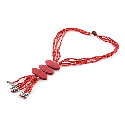 Red Seed Beaded 3 Strand Tassel Necklace (22 Inches)