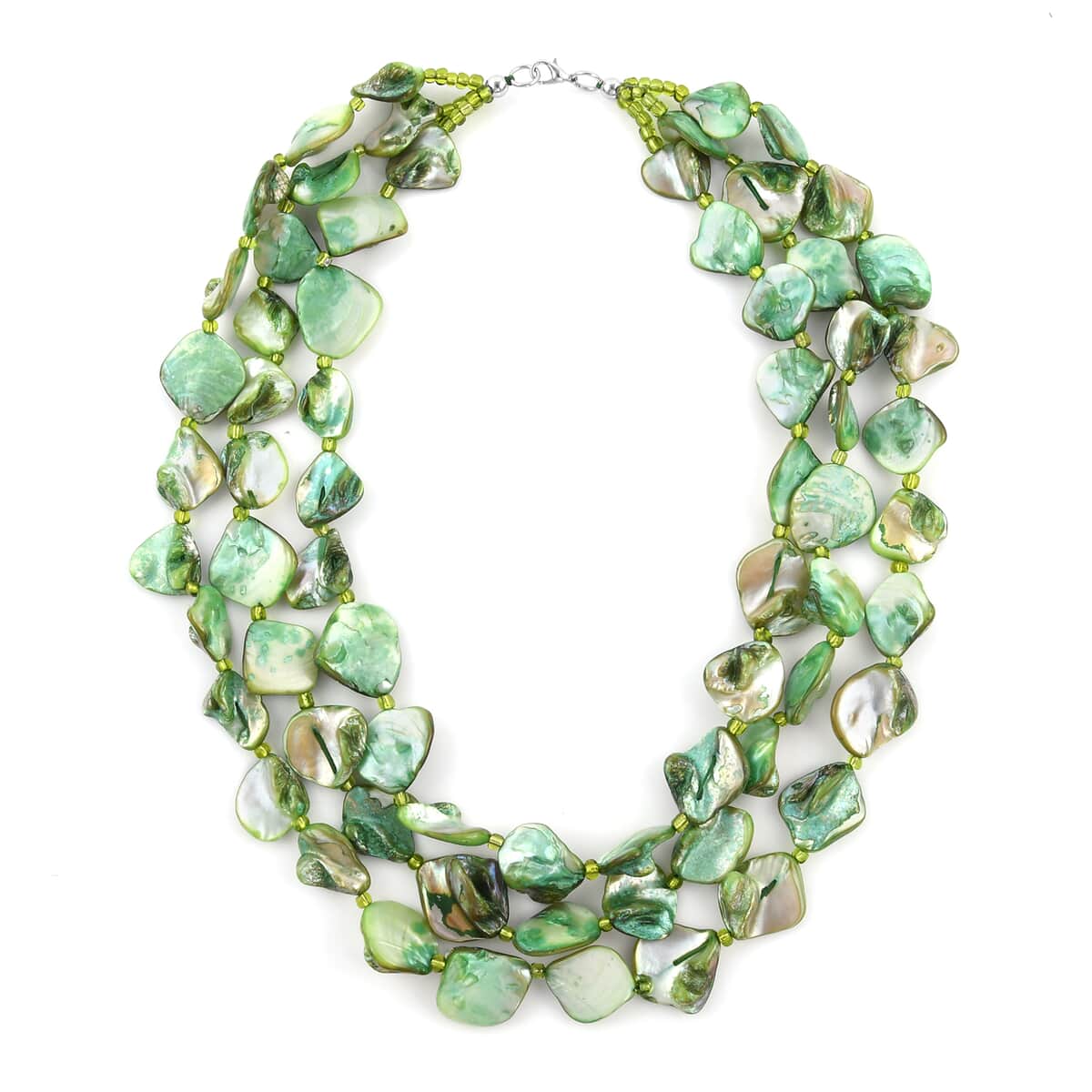 Simulated Green Shell Pearl 3 Strand Necklace 18 Inches in Silvertone image number 0