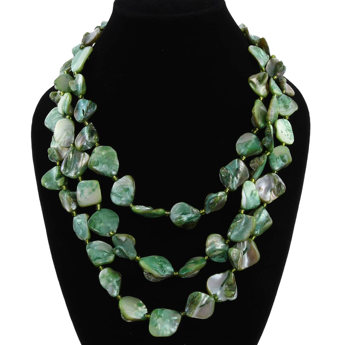 Simulated Green Shell Pearl 3 Strand Necklace 18 Inches in Silvertone image number 2