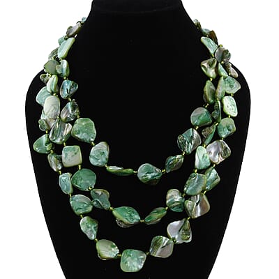 Simulated Green Shell Pearl 3 Strand Necklace in Silvertone 18 Inches