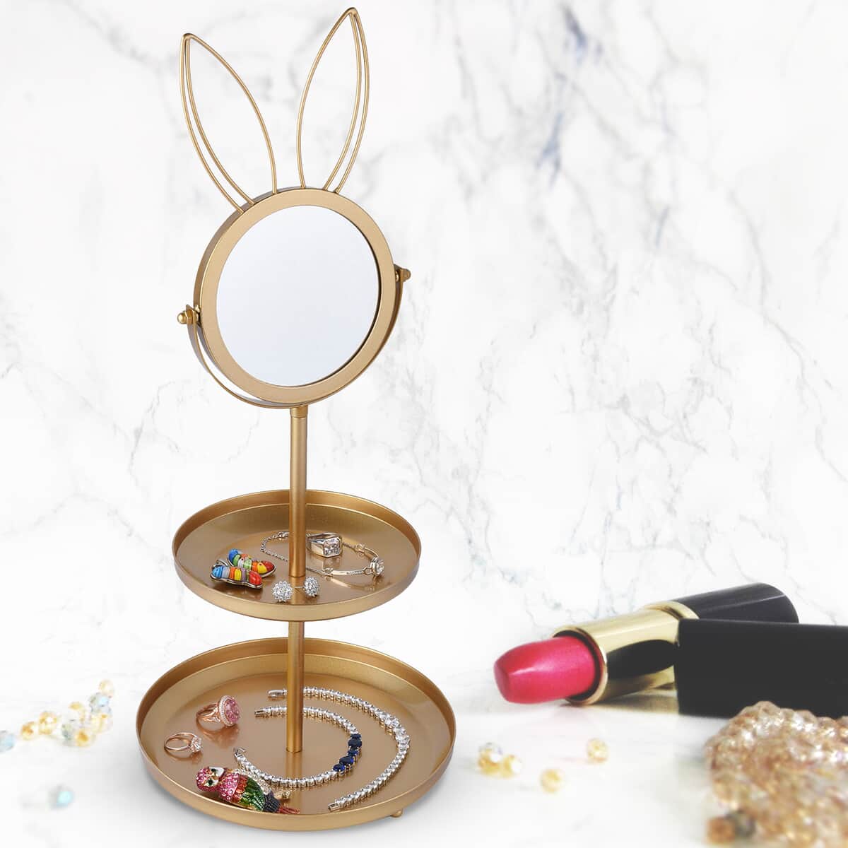 Rabbit Shape 3 layer Jewelry Rack with Mirror in Goldtone image number 1