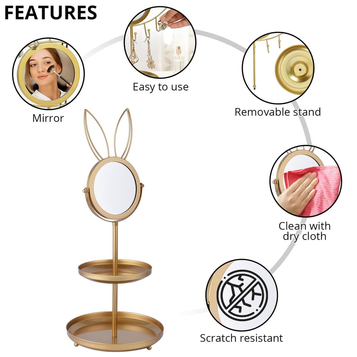 Rabbit Shape 3 layer Jewelry Rack with Mirror in Goldtone image number 2