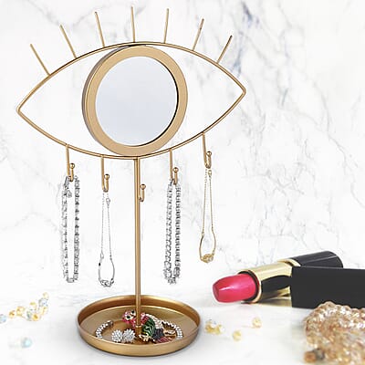 Eye Shape Jewelry Rack Box with Mirror in Goldtone