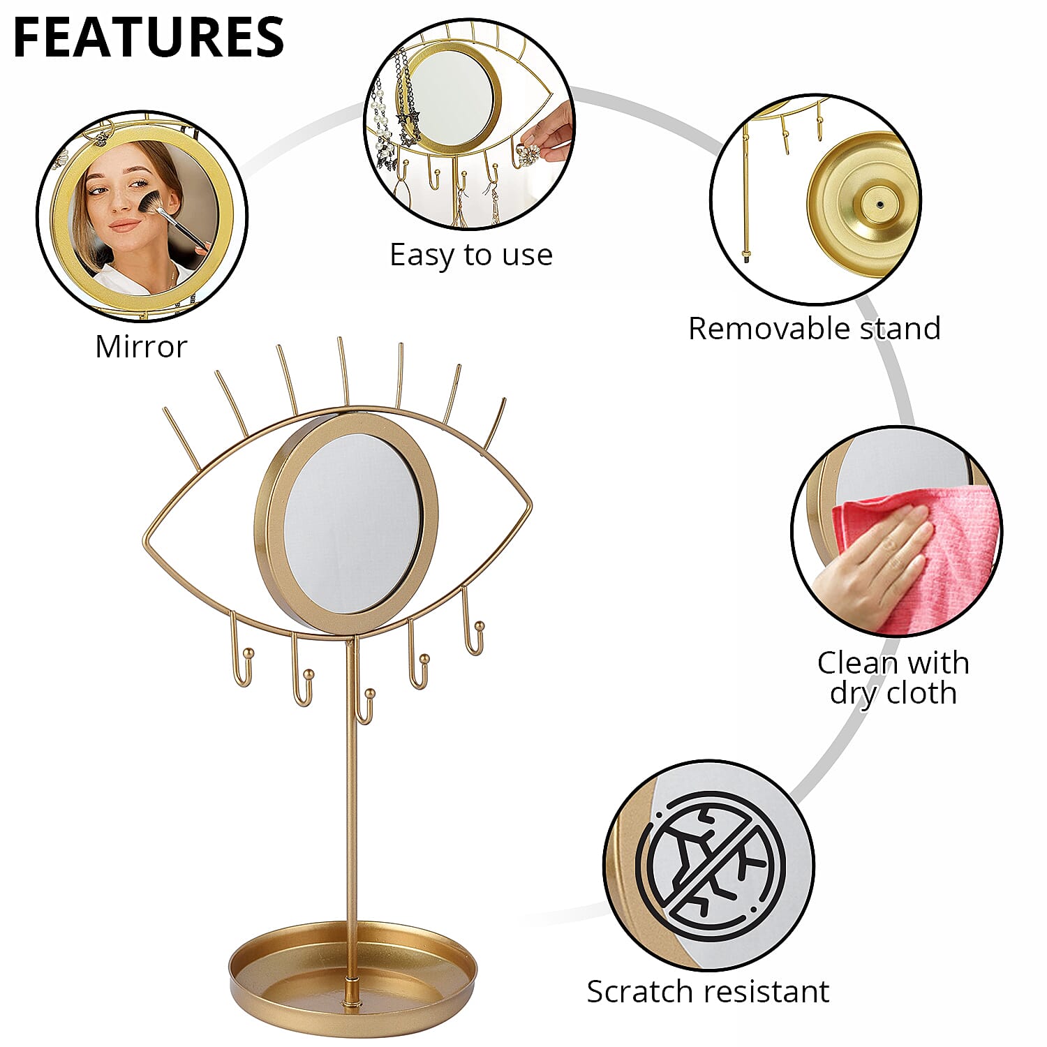 Eye Shape Jewelry Rack Box with Mirror in Goldtone