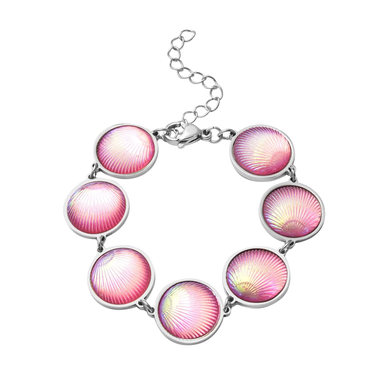 Simulated Pink Magic Color Topaz Seashell Charm Station Bracelet in Stainless Steel (7.25 In) image number 0