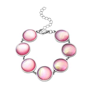 Simulated Pink Magic Color Topaz Seashell Charm Station Bracelet in Stainless Steel (7.50-9.50In)