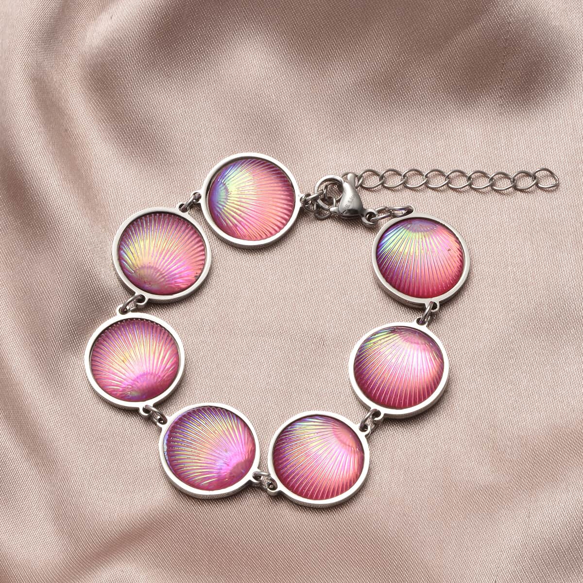 Simulated Pink Magic Color Topaz Seashell Charm Station Bracelet in Stainless Steel (7.50-9.50In) image number 1