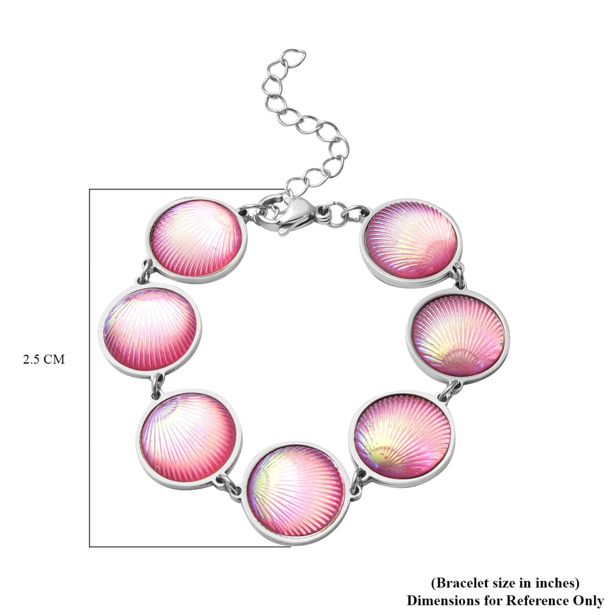 Simulated Pink Magic Color Topaz Seashell Charm Station Bracelet in Stainless Steel (7.50-9.50In) image number 2