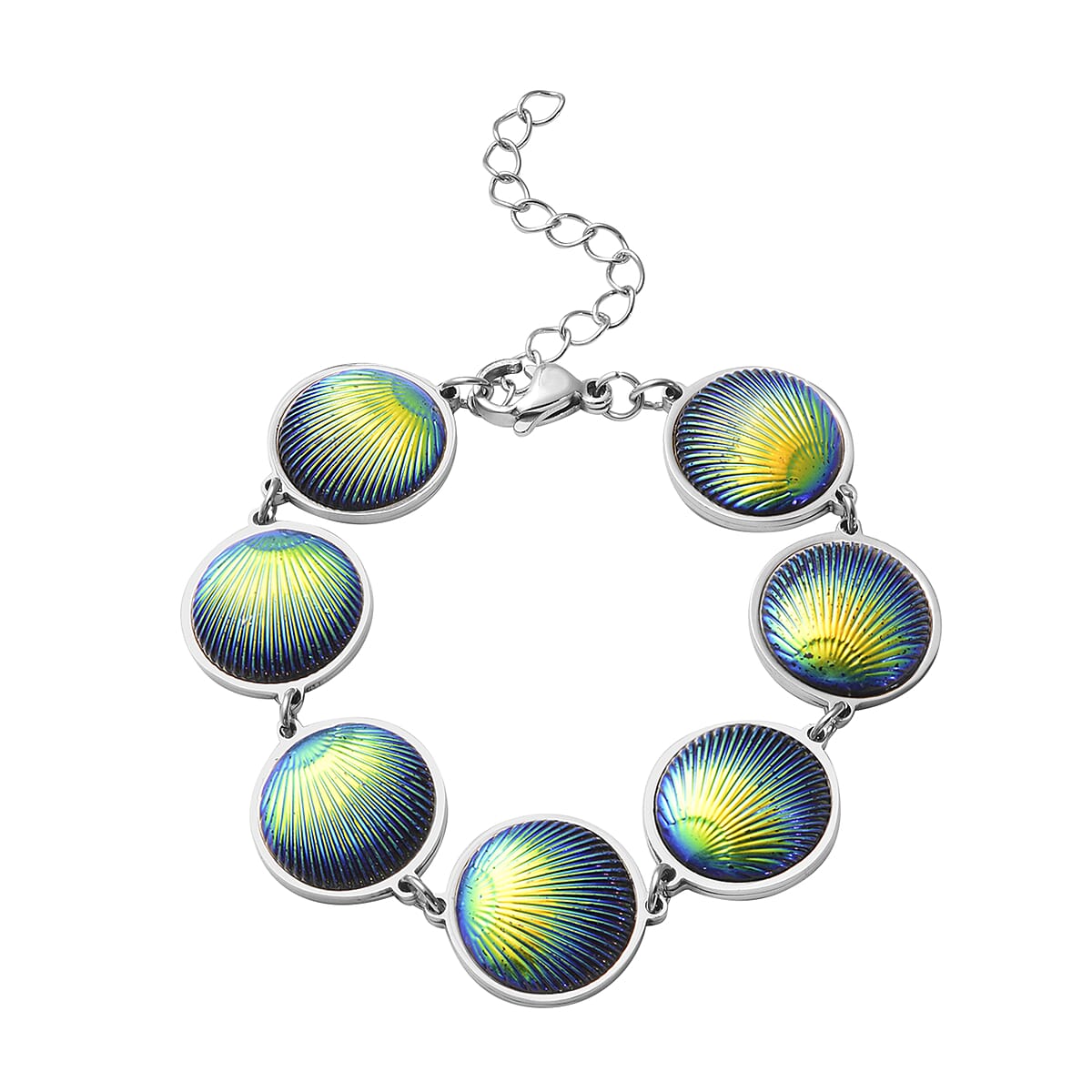 Simulated Blue Magic Color Topaz Seashell Charm Station Bracelet in Stainless Steel (7.50-9.50In) image number 0