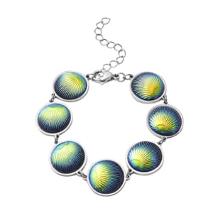 Simulated Blue Magic Color Topaz Seashell Charm Station Bracelet in Stainless Steel (7.50-9.50In)
