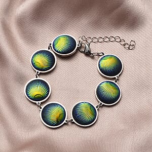 Simulated Blue Magic Color Topaz Seashell Charm Station Bracelet in Stainless Steel (7.50-9.50In)