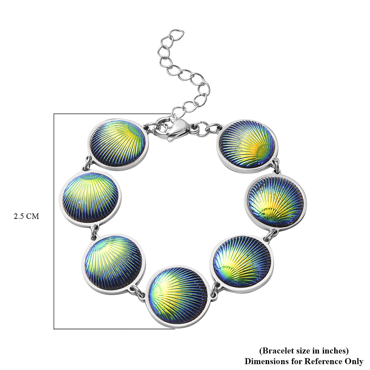 Simulated Blue Magic Color Topaz Seashell Charm Station Bracelet in Stainless Steel (7.50-9.50In) image number 2