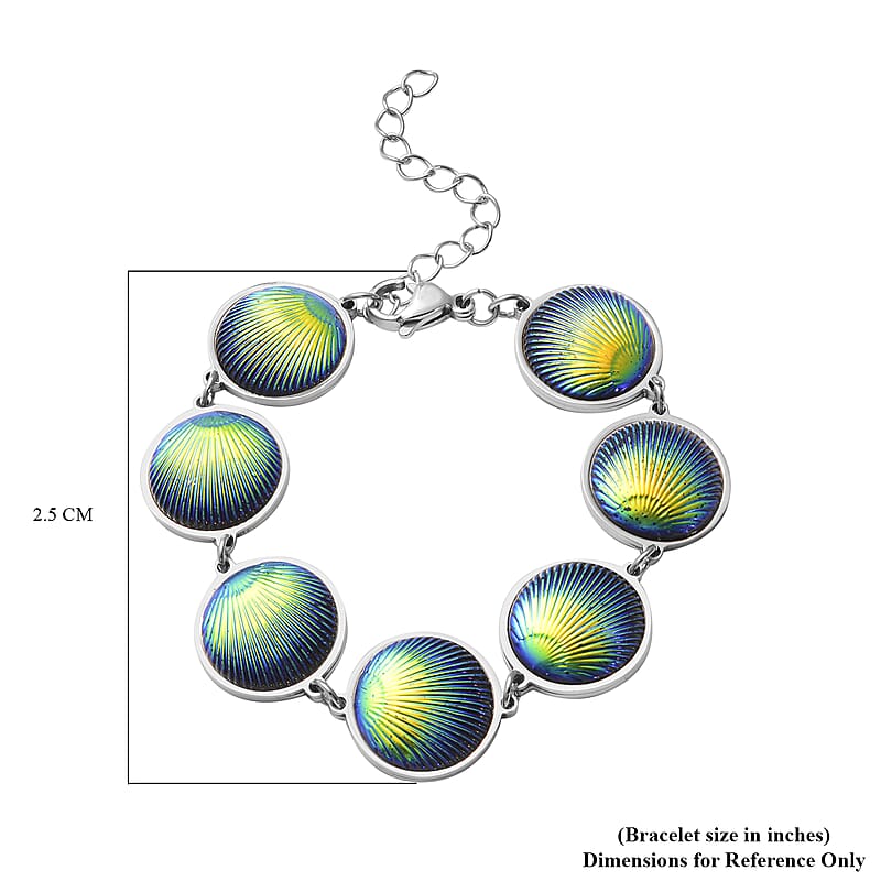 Simulated Blue Magic Color Topaz Seashell Charm Station Bracelet in Stainless Steel (7.50-9.50In)