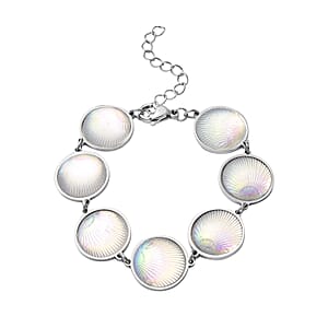Simulated White Magic Color Topaz Seashell Charm Station Bracelet in Stainless Steel (7.50-9.50In)