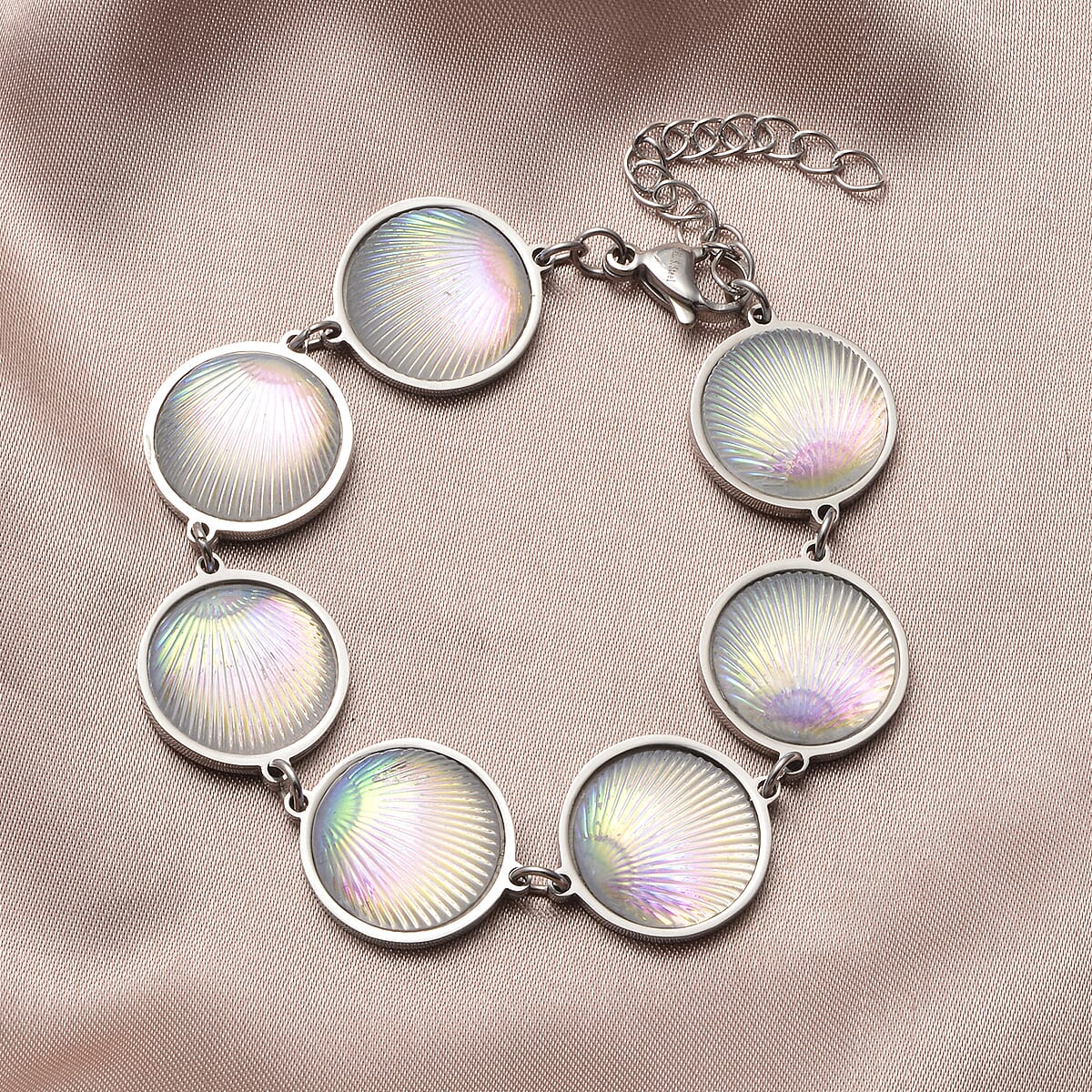 Simulated White Magic Color Topaz Seashell Charm Station Bracelet in Stainless Steel (7.50-9.50In) image number 1