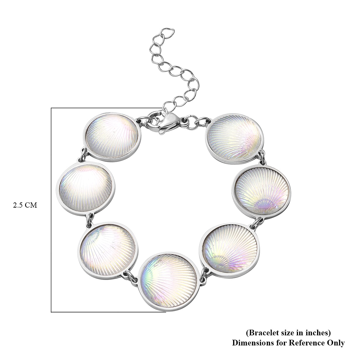 Simulated White Magic Color Topaz Seashell Charm Station Bracelet in Stainless Steel (7.50-9.50In) image number 2