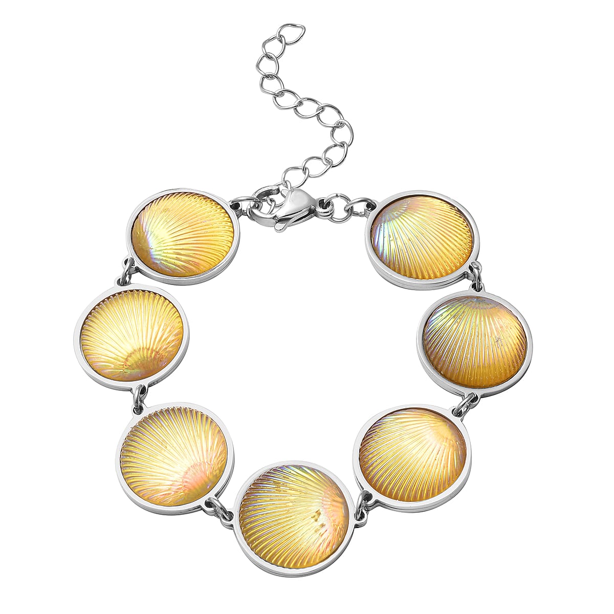 Simulated Yellow Magic Color Topaz Seashell Charm Station Bracelet in Stainless Steel (7.50-9.50In) image number 0