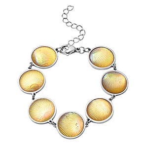 Simulated Yellow Magic Color Topaz Seashell Charm Station Bracelet in Stainless Steel (7.50-9.50In)