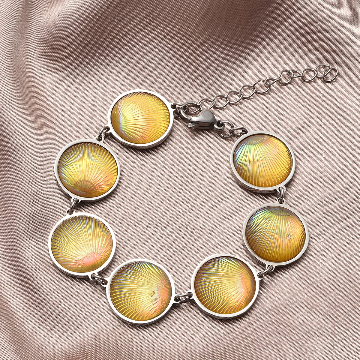 Simulated Yellow Magic Color Topaz Seashell Charm Station Bracelet in Stainless Steel (7.50-9.50In) image number 1